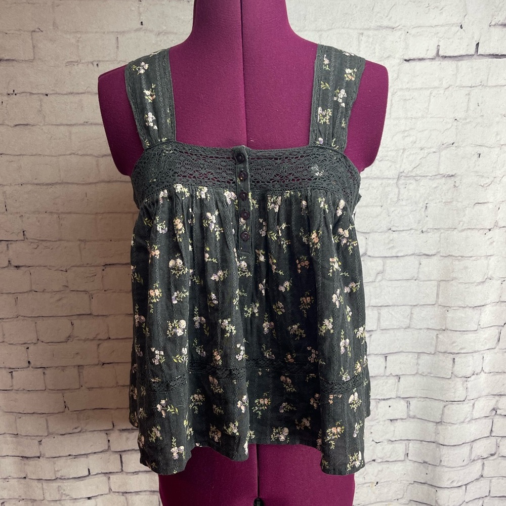 Dark Grey Floral Lace-Trim Tank Top